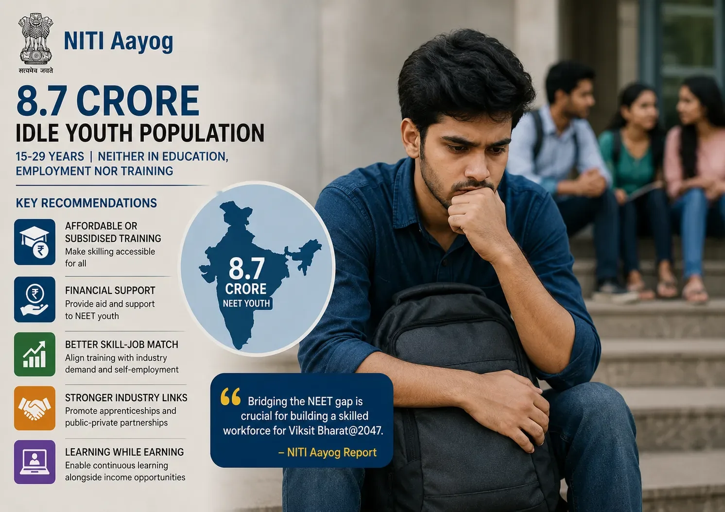 युवा बेरोजगारी संकट: नीति आयोग की रिपोर्ट के अनुसार 15-29 आयुवर्ग के 8.7 करोड़ युवा शिक्षा और रोजगार से पूरी तरह दूर