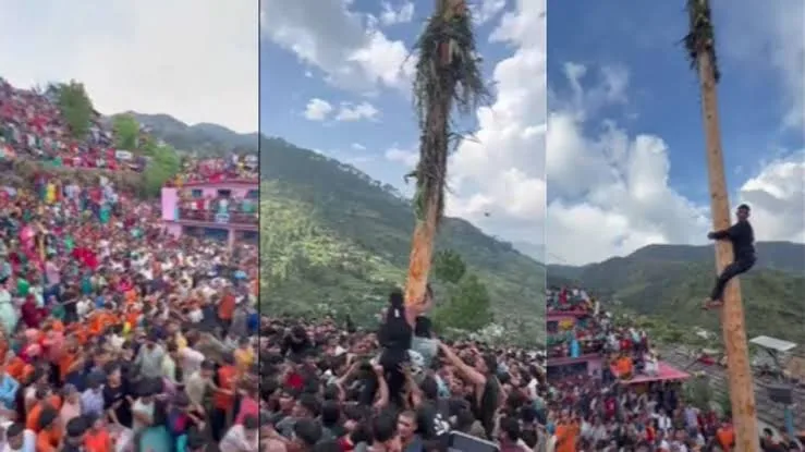 उत्तराखंड की अनोखी परंपरा: पौड़ी के पत्ती मेले में दिखा रोमांच, 15 मीटर ऊंचे चिकने पेड़ पर चढ़ने की चुनौती